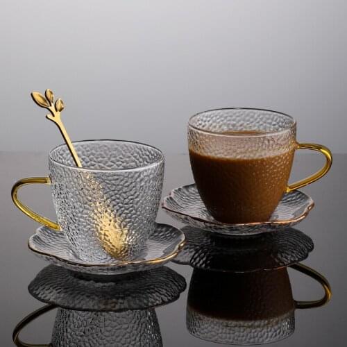 Creative 150 Ml Transparent Coffee Cup with Tray Spoon Modern Gold-plated Glass Milk Cup Kitchen Utensils Porcelain Decoration