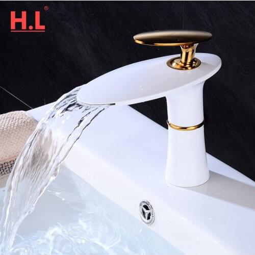 Bathroom Faucet White Gold Basin Faucet Cold & Hot Brass Waterfall Faucet Mixer Sink Tap Single Handle Bathroom Tap