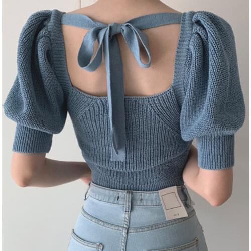 Summer New Korean Fashion Chic Knitted Tops Sexy Backless Bowtie Shirt Hollow Out Retro Square Collar Short Puff Sleeve T Shirt