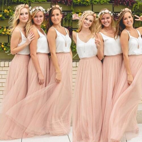 Hot Cheap Two Pieces Bridesmaid Dresses Tulle Skirt Blush Prom Dresses/Bridesmaid Maxi Skirt bridesmaid Party Gowns