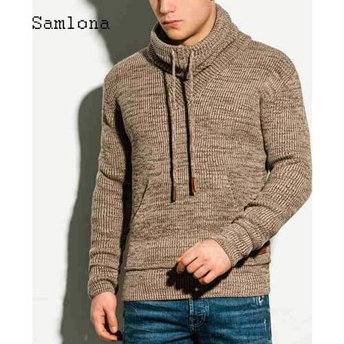 Samlona Autumn Winter Knitted Sweater Plus Size Men Hooded Top Streetwear Long Sleeve Casual Pullovers Sexy Mens Clothing 2021