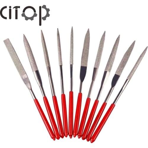 Citop 10pcs/set Mini Needle File Set Diamond Coated 3x140mm 4x160mm 5x180mm for Glass Tile Stone Gold Hobbies Hand Tool