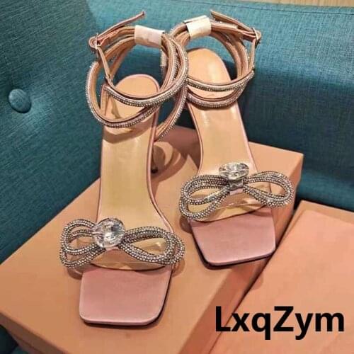 2021 Summer New Women Sandals Square Toe Luxury Crystal Bow Knot Stiletto Transparent PVC Sexy Bride Wedding Party High Heel