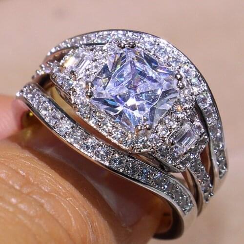 Victoria New Arrival Handmade Luxury Jewelry 14KT White Gold Filled Princess Cut 5A Zirconia Square CZ 3 IN 1 Wedding Band Ring