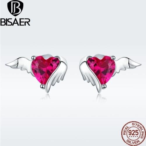 Valentine Gift BISAER 925 Sterling Silver Guardian Angel Heart Small Stud Earrings Stud for Women Luxury Silver Jewelry ECE690