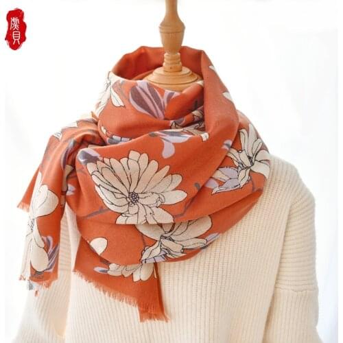 Maroon Wool Scarf women printed Magnolia autumn winter long scarves thin warm bandana shawl fashion pink pashmina gift for lady