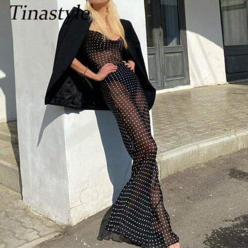 Tinastyle Dots Print See Through Sexy Maxi Dress Women Spaghetti Strap Bodycon Beach Dress Black Casual Party Dresses Vestidos