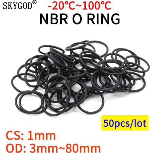 50pc NBR O Ring Seal Gasket Thickness CS 1mm OD 3~80mm Nitrile Butadiene Rubber Spacer Oil Resistance Washer Round Shape Black