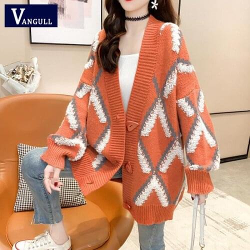 Vangull Fashion Print Women Cardigans Sweater Korean 2021 Winter New Loose Oversized Long Sleeve Knitted Lady Argyle Sweaters