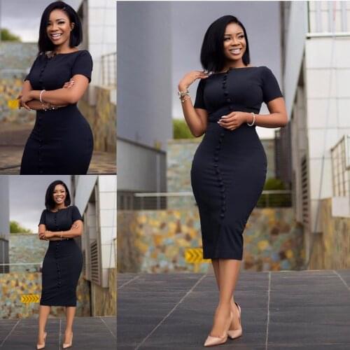 VITIANA Women Black Office Lady Dress Summer 2021 Female Short Sleeve O-Neck Pencil Dresses Femme Fashion Vestidos Africa