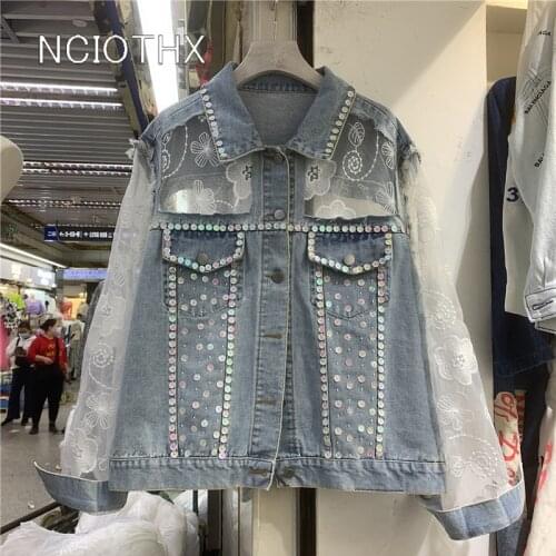 Casual Patchwork Lace Denim Jacket For Women Lapel Long Sleeve Streetwear Jenas Jackets Female Fashion 2021 New Clothing