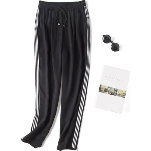 Womens 100% Pure Silk Belted Waist Cropped Pants Trousers with pockets black stripes L XL JN435