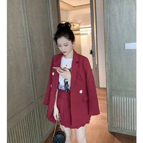 Womens Suit Urban New Korean Red Double Breasted Small Suit + Pleated Short Skirt Set Fashion Two-piece Set