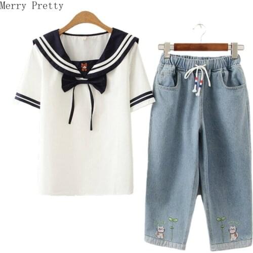 Women Two Piece Set Top And Pants Sailor Collar Short Sleeve T Shirts Elastic Waist Embroidery Denim Pants Summer Outfits Sets
