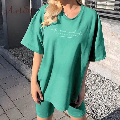 ArtSu Casual Letter Print Basic Leisure Two Piece Matching Set Women Gym Oversized Tshirt And Bike Shorts Set Tracksuits Outfits
