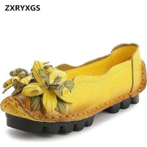 ZXRYXGS Personality Handmade Genuine Leather Shoes 2021 New Elegant Flower Women Flat Shoes Comfortable Soft Fashion Shoes