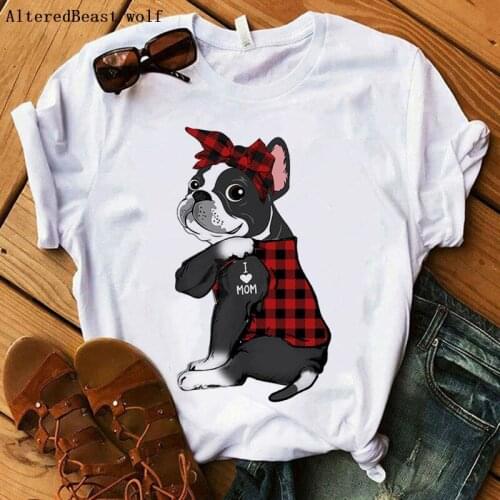 2021 Boston Terrier Mom Tshirt Women Harajuku I Love Mom plaid Bandana Print T-shirt Summer Short Sleeve Clothes T Shirt Female