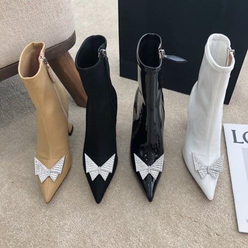 Casual Designer Women Boots White Genuine Leather Stretch Thin Crystal Bow Pointy Toe High Heels Chelsea Boots 10cm
