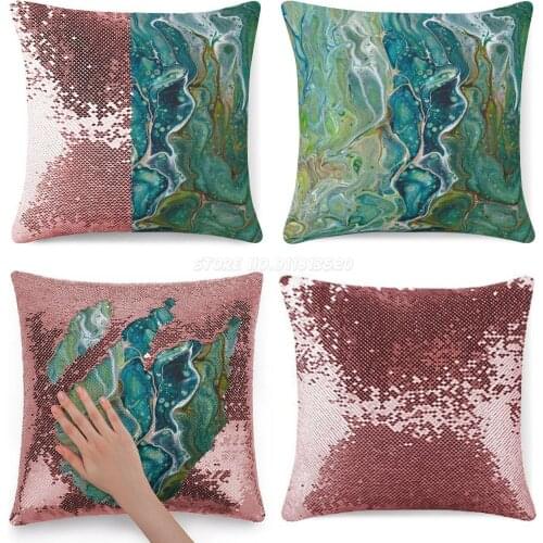 Poured Acrylic Paints Green Blues Sequin Pillowcase Glitter Pillow Case for Sofa Decorative Party Marbled Marbled Paper Marbling