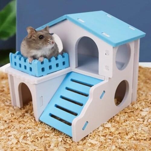 Hamster Wooden Villa 2-Story House Small Pets Hideout Nesting Habitat for Gerbils Chinchillas Guinea Pigs Small Animals QW