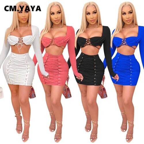 CM.YAYA Lace Up Two 2 Piece Set for Women Sexy Club Night Party Outfits Crop Tops + Lace Up Mini Midi Skirt Set