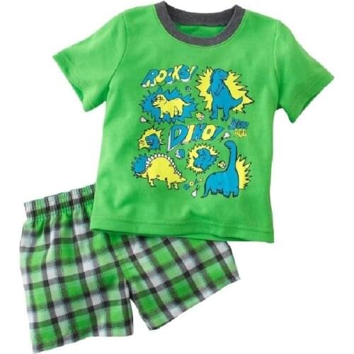 Green dino boys clothes suits dinosaur kids t-shirt shorts pant set animal baby boy grid pant 3-5year