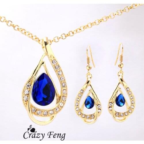 Free shipping Wedding Jewelry Yellow Gold Color Austrian Crystal Necklace+Earrings Jewelry Sets