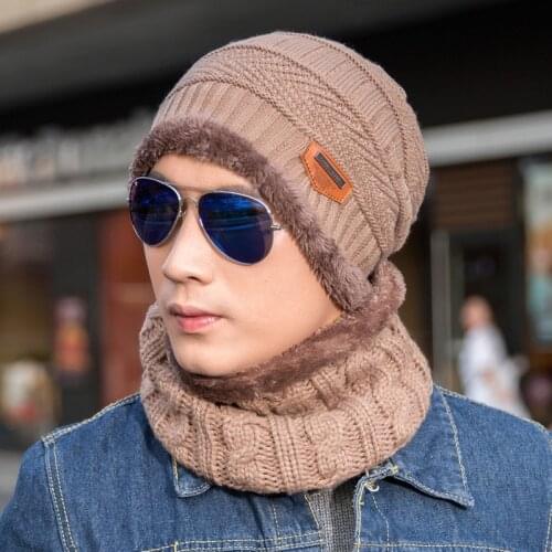 Neck Warmer knitted Hat Scarf Set Fur Wool Lining Thick Warm Knit Beanies Balaclava Winter Hat For Men Women Cap Skullies Bonnet