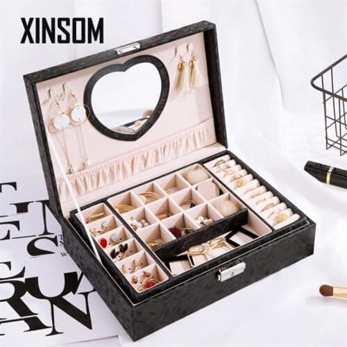 XINSOM Korean Big Jewelry Box Women Girls Double Layers High Capacity Jewelry Storage Box With Heart Shaped Mirror New Casket