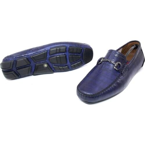 Premium Handmade Flexible Loafers, Royal Blue Croco Skin Patterned Calf Leather, Daily Comfort Fashionable Shoes, Spring 2021