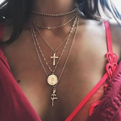Mveifol Bohemian Multi Layered Necklace for Women Vintage Cross Rose Flower Coin Pendant Necklace Choker Statement Jewelry