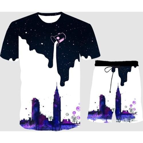 New 3D mens short-sleeved T-shirt shorts suit interesting Star Milk 3D printing sportswear loose mens Harajuku street style