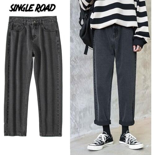 Single Road Mens Straight Baggy Jeans Men 2021 Plain Denim Pants Japanese Streetwear Korean Style Black Wide Leg Jeans For Men