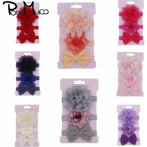 Powmuco 3pcs/lot Handmade Chiffon Lotus Baby Girls Headband Solid Color Bowknot Elastic Kids Hair Bands Children Flower Headwear