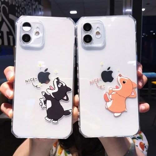 Funny Cute Cartoon Dog Couple Clear Phone Case For iPhone 12 Pro MAX 11 X XS XR 7 8 Plus Corgi Transparent Soft Shockproof Cover