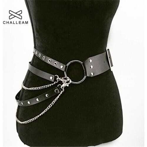 Ladies Fashion Sexy Gothic Punk Belt Leather Jeans Chain Strap Metal Ring Design Silver Pin Buckle Women Belts x212