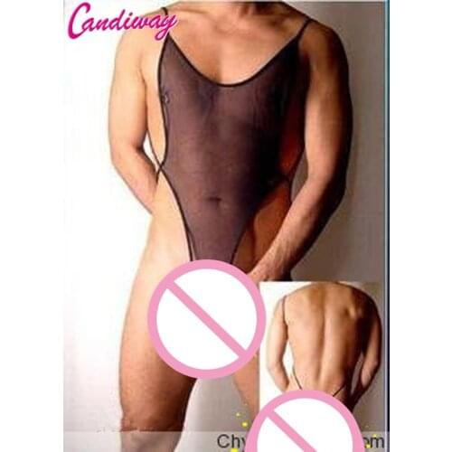 Mens Sexy Bodysuit Leotard Mesh Black Transparent Silk Cock/Dick Penis Sleeve Fishnet teddy lingerie Erotic Underwear