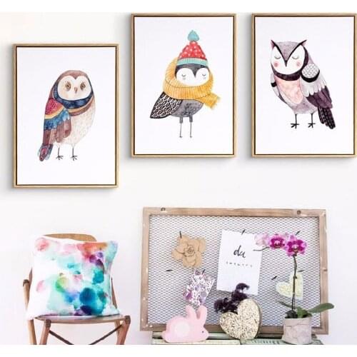 Nordic Modern Watercolor Animal Canvas Painting Small Fresh Cute Bird Owl Poster Childrens Room Bedroom wall Decoration Picture