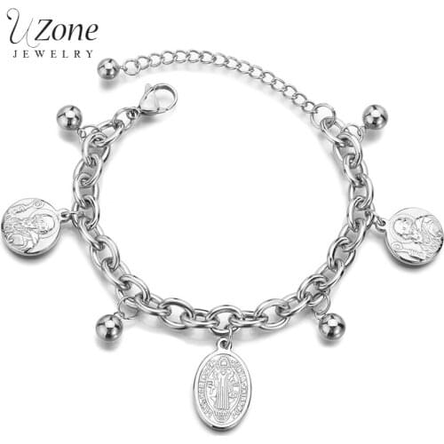 UZone Religious Titanium Steel Jesus Pendant Bracelet Adjustable Round Oval Saint Benedict Icons Charm Bracelets Birhday Gift