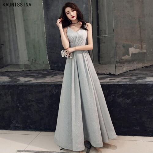 Evening Dress Fashion Shining Silver V-Neck Party Gown Sleeveless Elegant Formal Dresses A-Line Floor-Length Vestidos