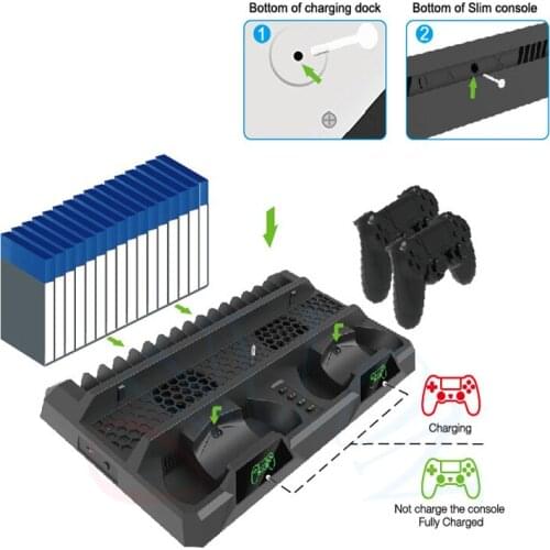 LED Vertical Stand with Cooling Fan Cooler Dual Controller Charger Dock Charging Station with Game Disc Storage for PS4/Slim/Pro