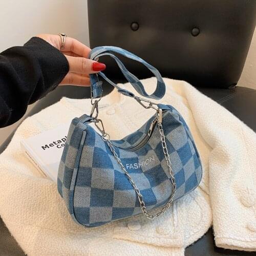 Retro Vintage Lady Demin Paid Handbag Women Girls Cell Phone Bags Denim Shoulder Underarm Bag Chain Small Small Purse