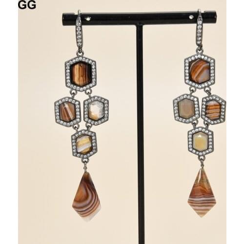 GuaiGuai Jewelry Natural Agate Gems Stone Cz Pave Dangle Hook Earrings
