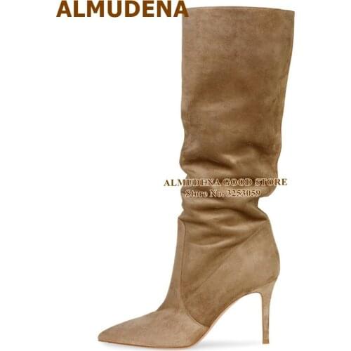 ALMUDENA Suede Leather Pleated Knee Boots Stiletto Heels Pointed Toe Tall Boots Fall Slouch Gladiator Dress Shoes Size46 Pumps