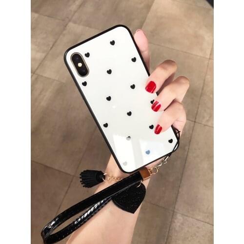 For Iphone 12 Mini 11 Pro Max Case & Free Strap Heart Glass Hard Protection Phone Cover for Iphone X Xs Xr 7 8 6s Plus Casing