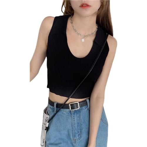 2021 Summer Womens Lapel Tank Tops Casual Sleeveless Solid Color Rib Knitted Slim Fit Crop Tops