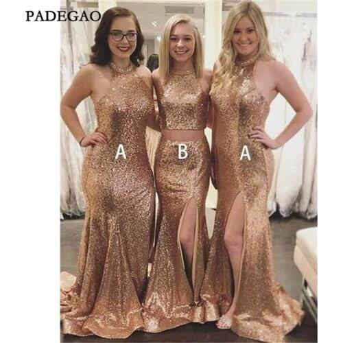 Sexy Gold Bridesmaid Dress Mermaid Sleeveless Sequined Sweep Train Side Split Mismatched Bridesmaid Dresses Plus Siz e