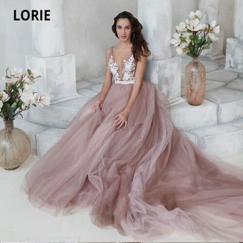 LORIE Dusty Pink Wedding Dresses V-Neck Appliques Tulle A-Line Backless Wedding Gown Bride Dress 2021 vestido de novia
