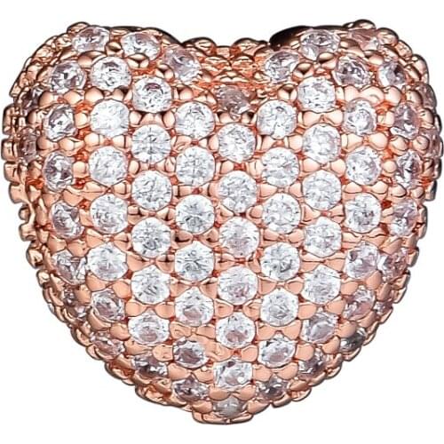 100% 925 Sterling Silver Rose Color Pave Heart Clip Beads Fits Original Bracelets Women Charms for Jewelry Making Wholesale