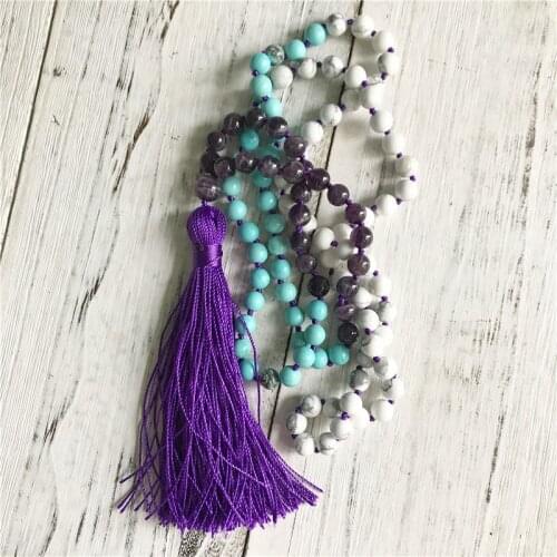 108 Mala Beads Necklace Purple Quartz & Howlite & Turquoises Necklace Tassel Necklaces Knotted Meditation Jewelry Prayer Necklac